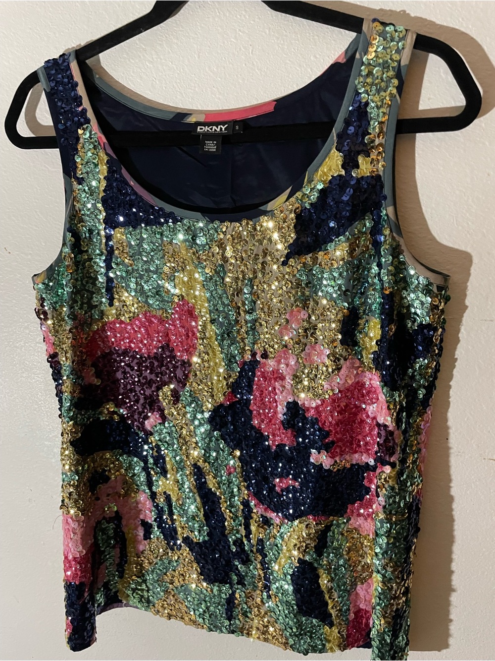 DKNY Multicolor Sequin Floral Tank Top — Navy, Pink, Gold, Green